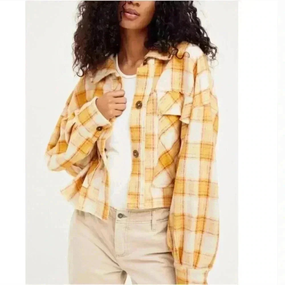 Free People James Golden Yellow Plaid Bohemian Oversized. Shirt Jacket Size XS